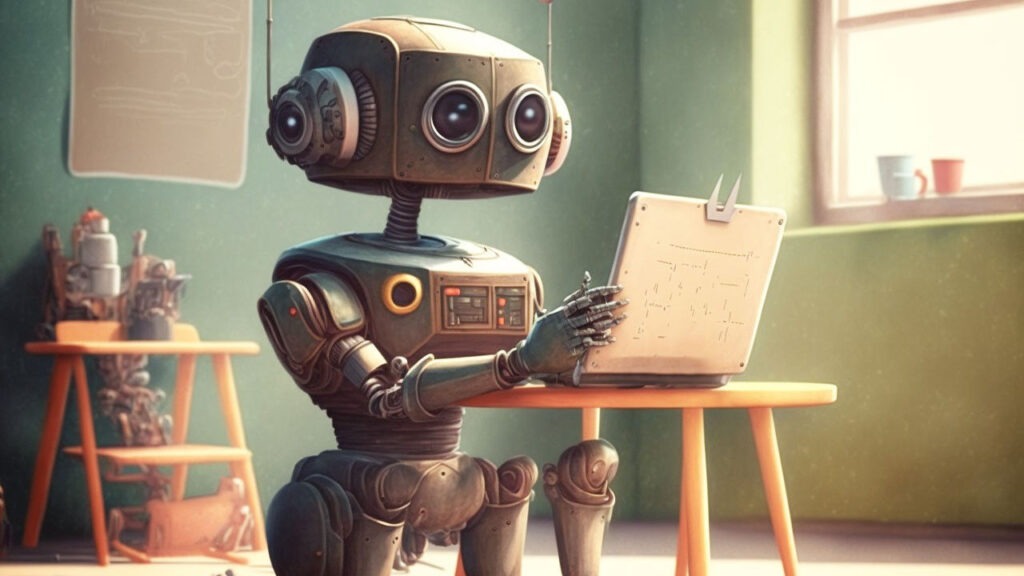 Robot sitting in front of a laptop